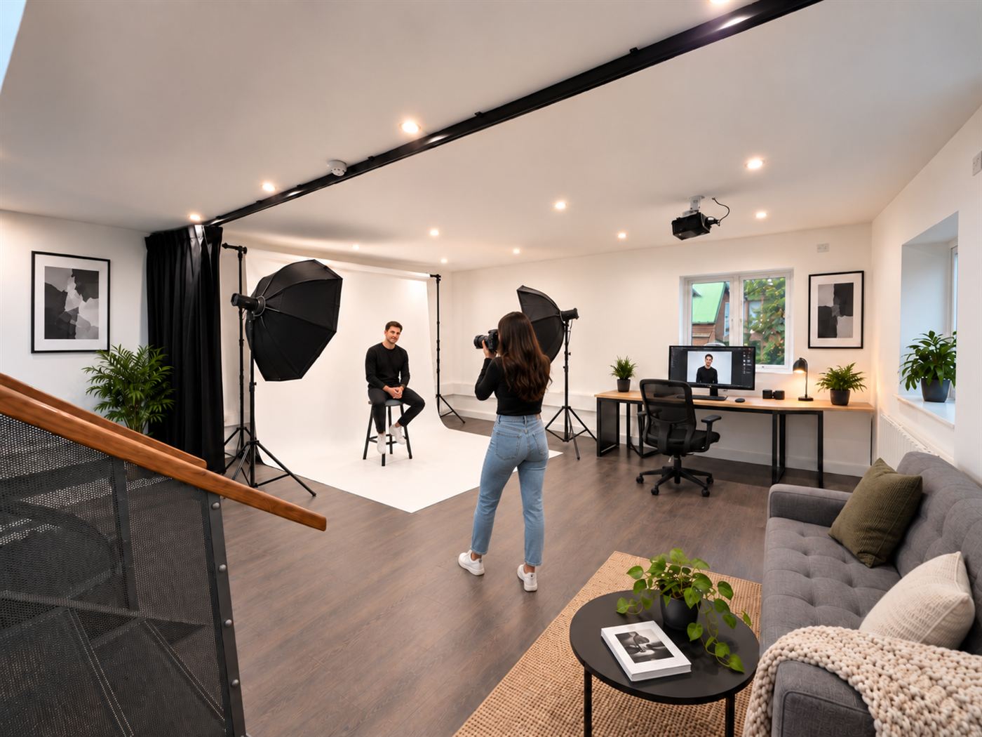 Photography studio with lighting rig and backdrop